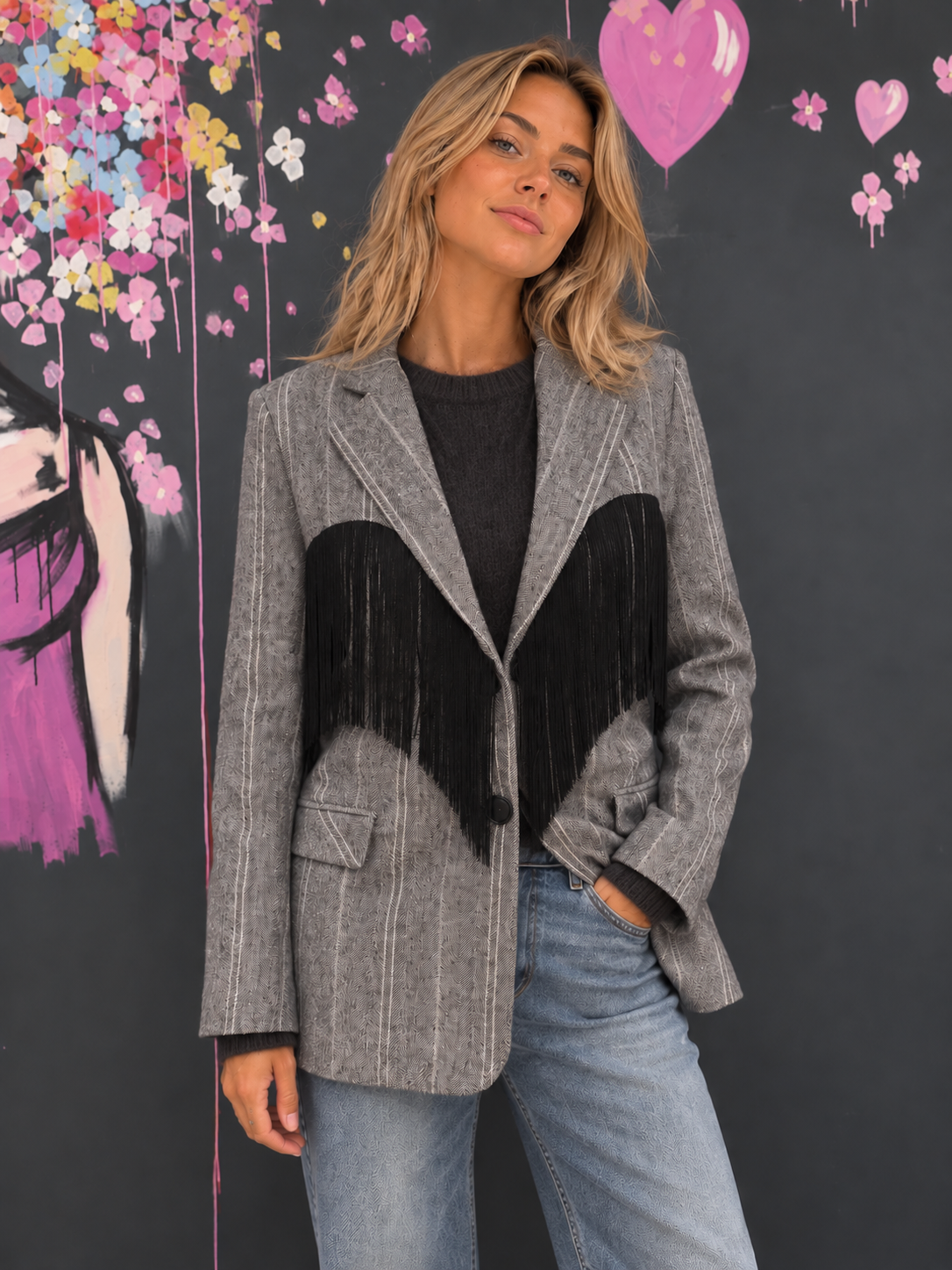 Blazer gessato con frange fronte Blazer à fines rayures avec franges – Image 1