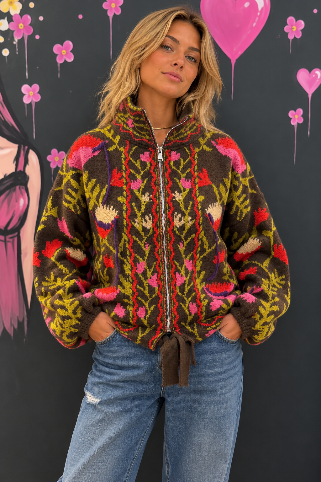Cardigan con zip fantasia floreale fronte Cardigan fantasia floreale - immagine 1