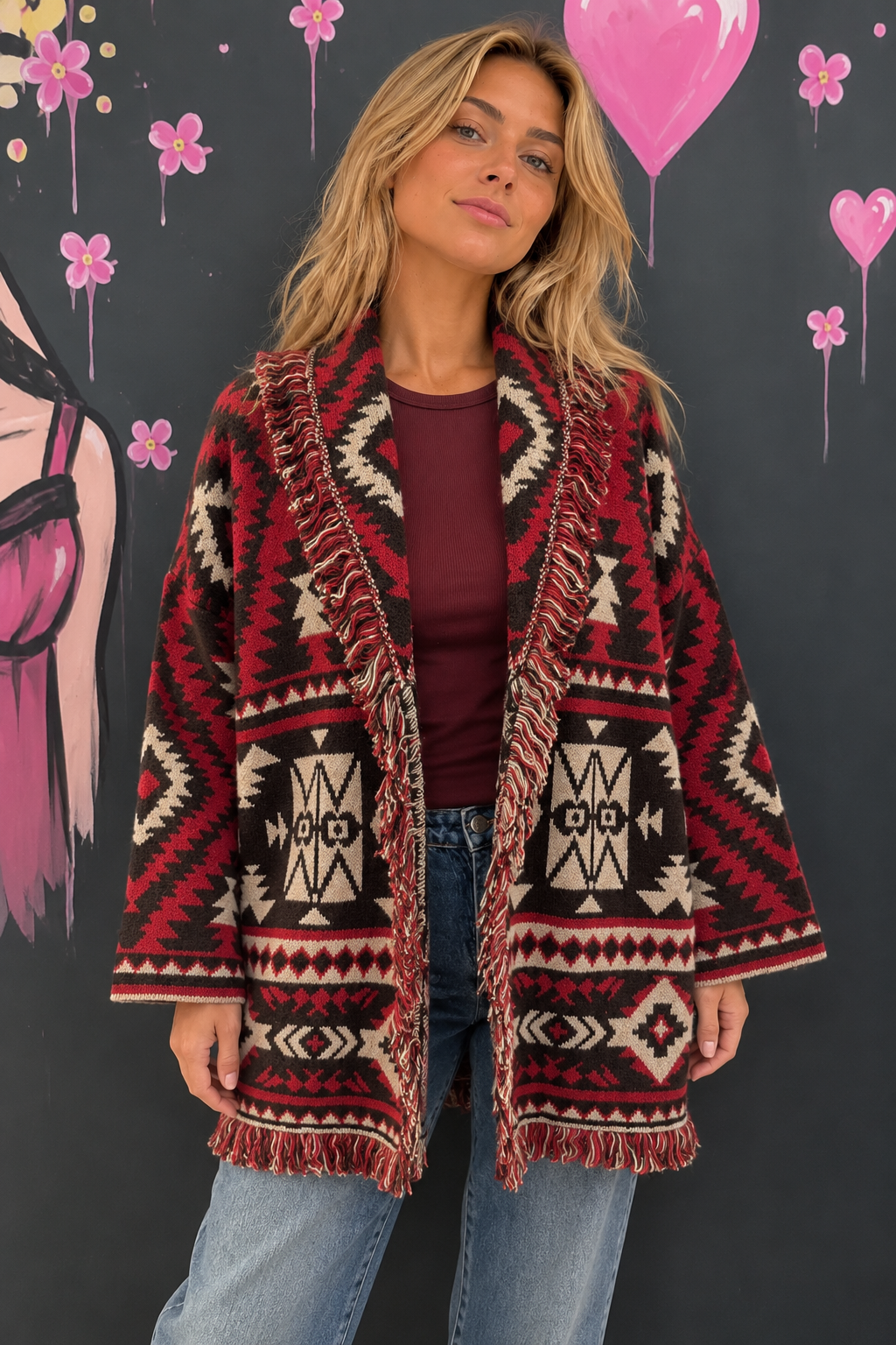 Cardigan jacquard con frange rosso fronte Cardigan jacquard con frange - immagine 1
