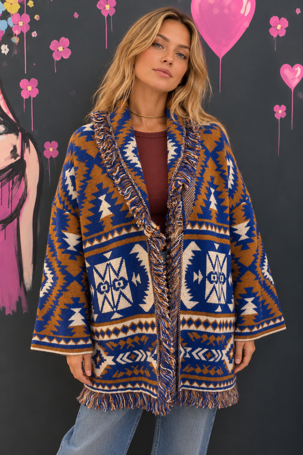Cardigan jacquard con frange – Blu & Cammello fronte Jacquard-Cardigan mit Fransen – Bild 1