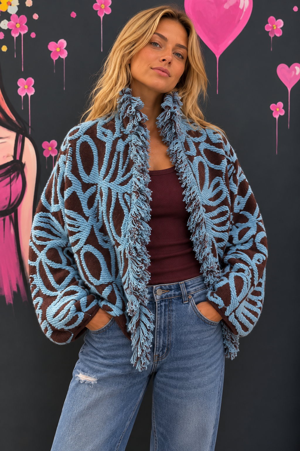 Cardigan oversize con frange e lavorazione floreale primo Cardigan con frange e lavorazione floreale - immagine 1