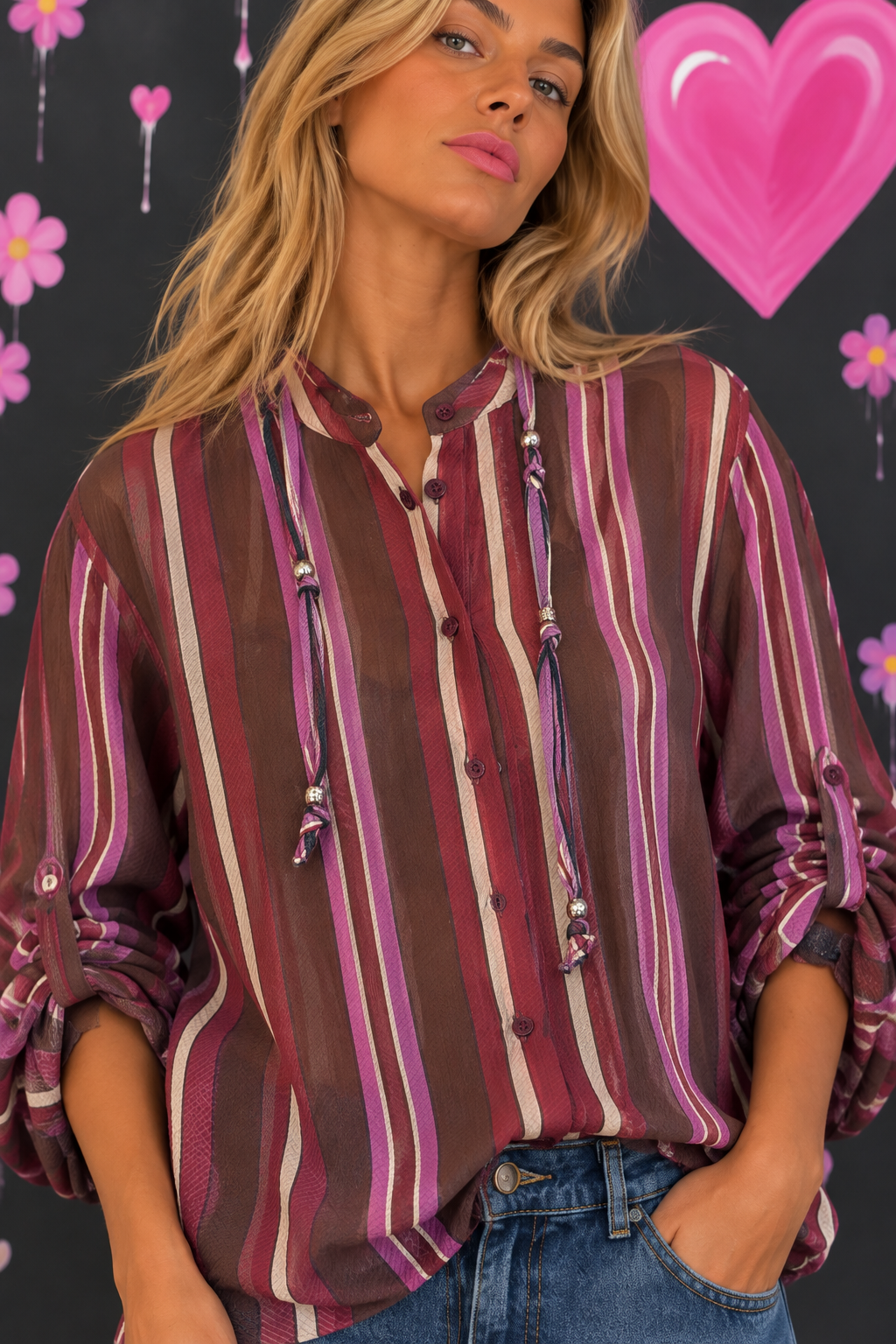 camicia marrone nomad camicia Camicia a righe con dettaglio gioiello - immagine 1
