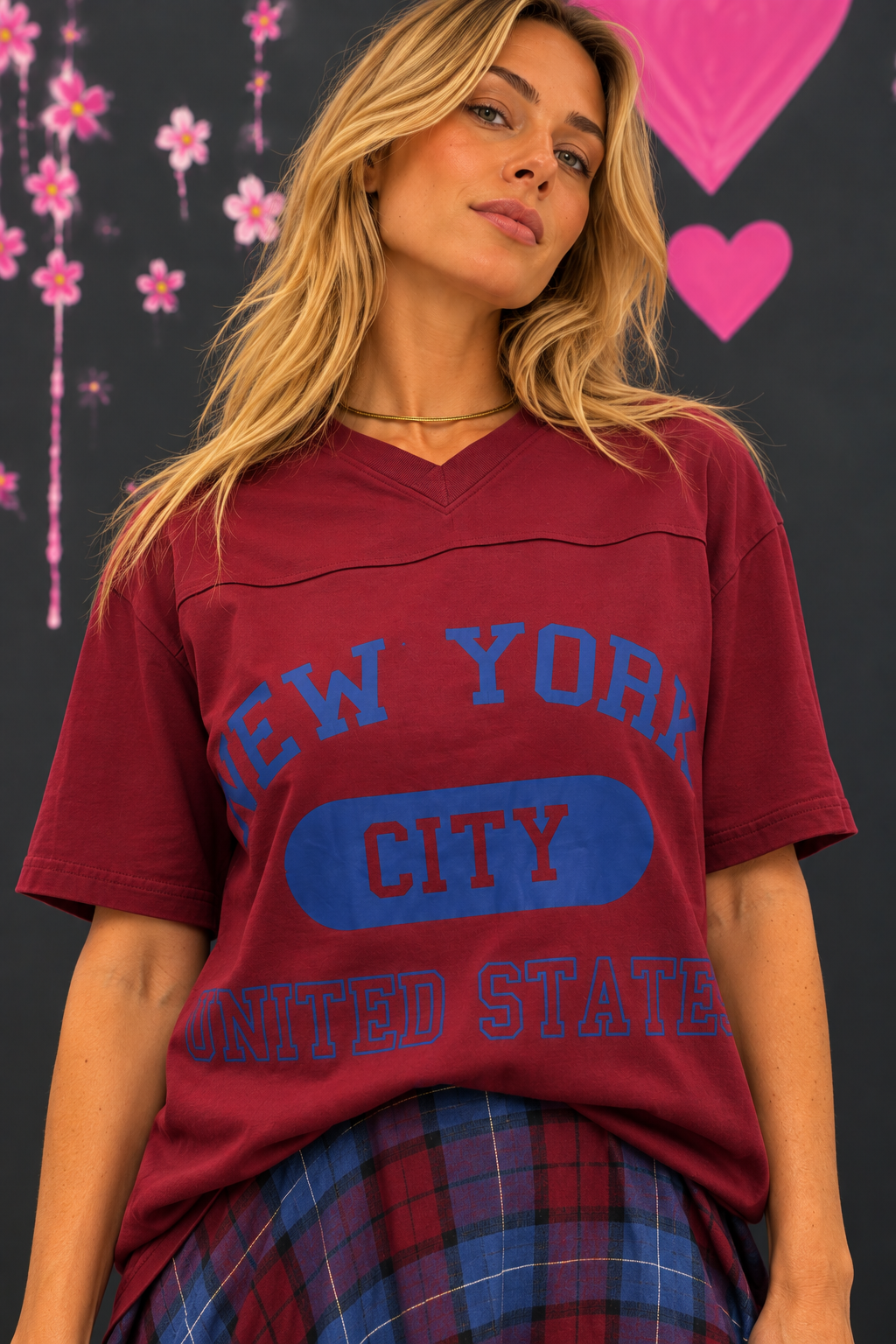 completo check rosso:blu e tshirt maglia fronte Top New York – Image 1