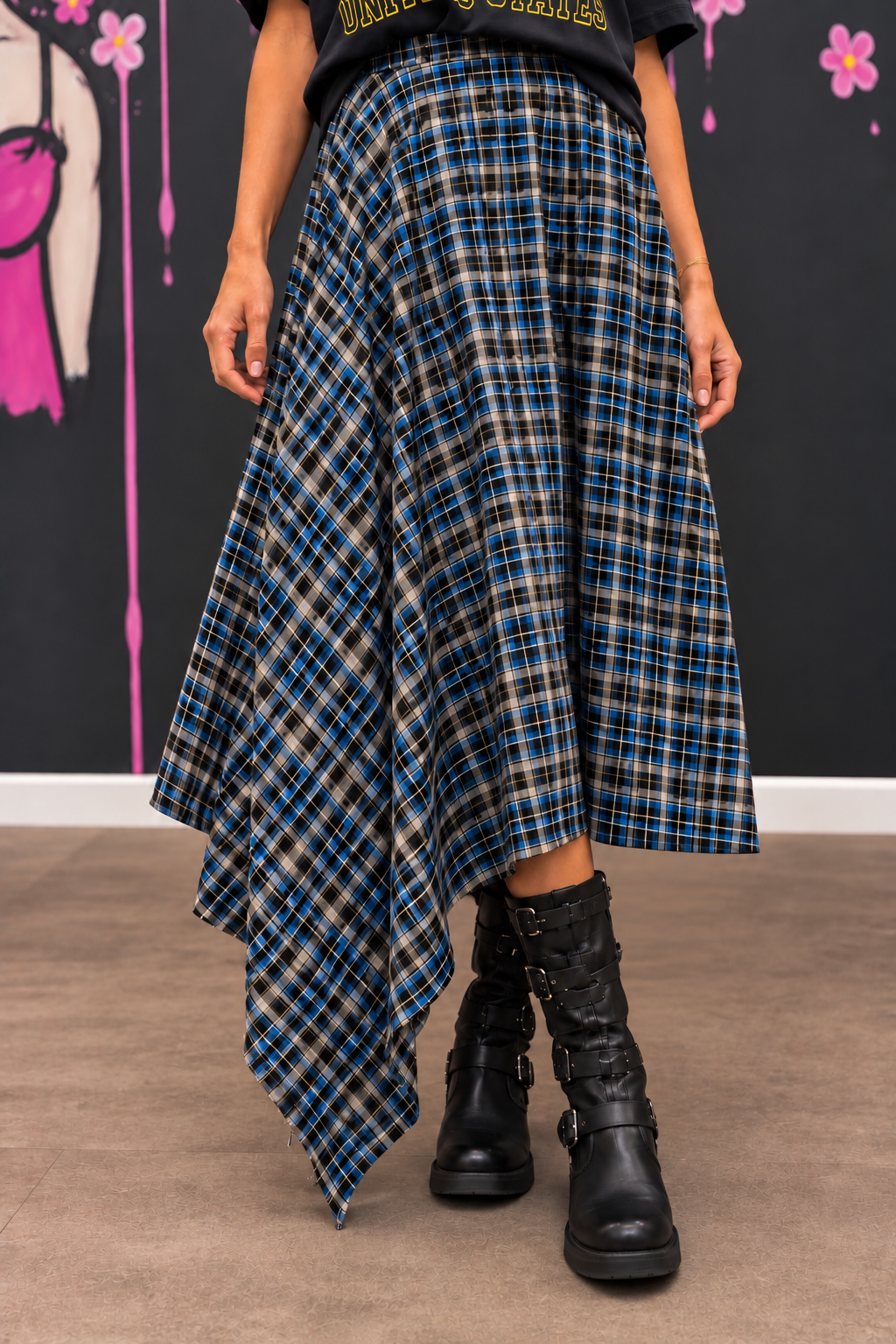 completo con gonna a punta blu gonna Gonna tartan asimmetrica - immagine 1