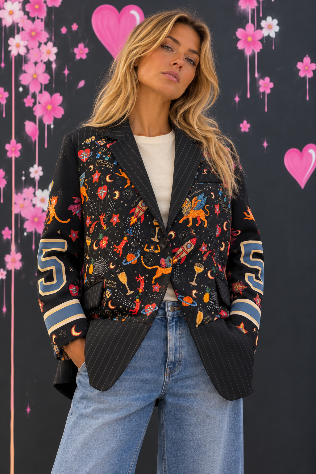 Blazer Cosmos fantasia con dettagli gessati fronte Cosmos patterned blazer with pinstripe details - Image 1