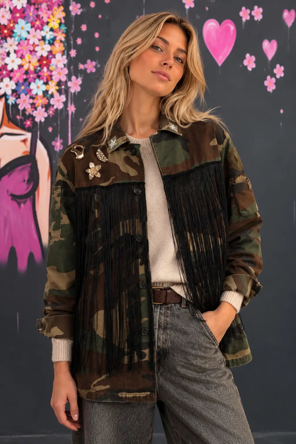 Blonde in Camo Against Pink Mural Camouflage-Jacke mit Fransen und dekorativen Broschen – Bild 1