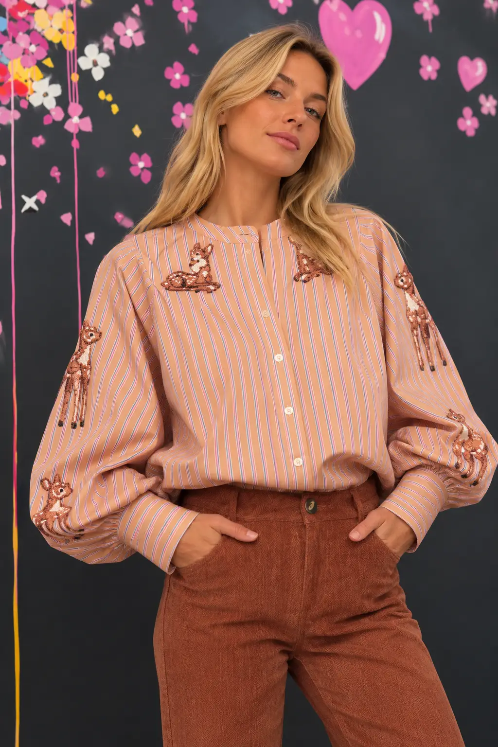 Blonde in Deer-Embroidered Blouse Striped shirt with embroidered fawns - Image 1