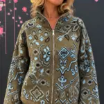 Cardigan jacquard con zip e fantasia bandana