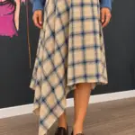 Beige and light blue asymmetric tartan skirt