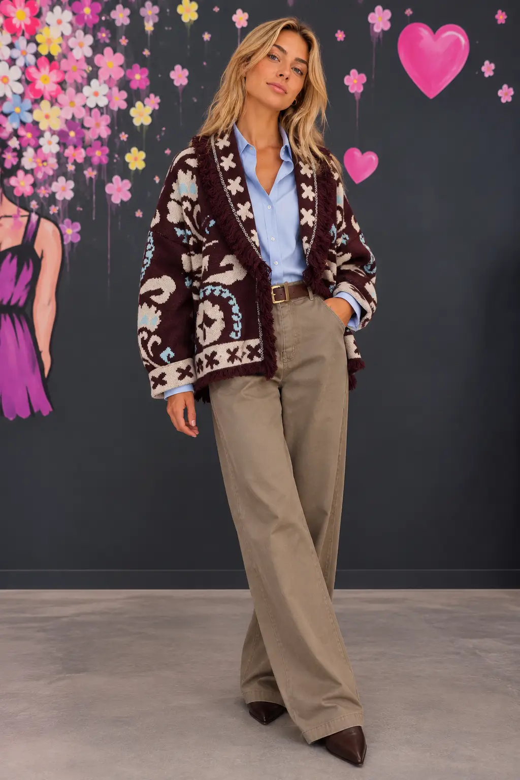 Boho Lookbook Against a Floral Mural Bordeauxrote Jacquard-Strickjacke mit Fransen – Bild 1