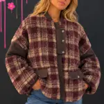 Chaqueta efecto teddy de cuadros con detalles en contraste