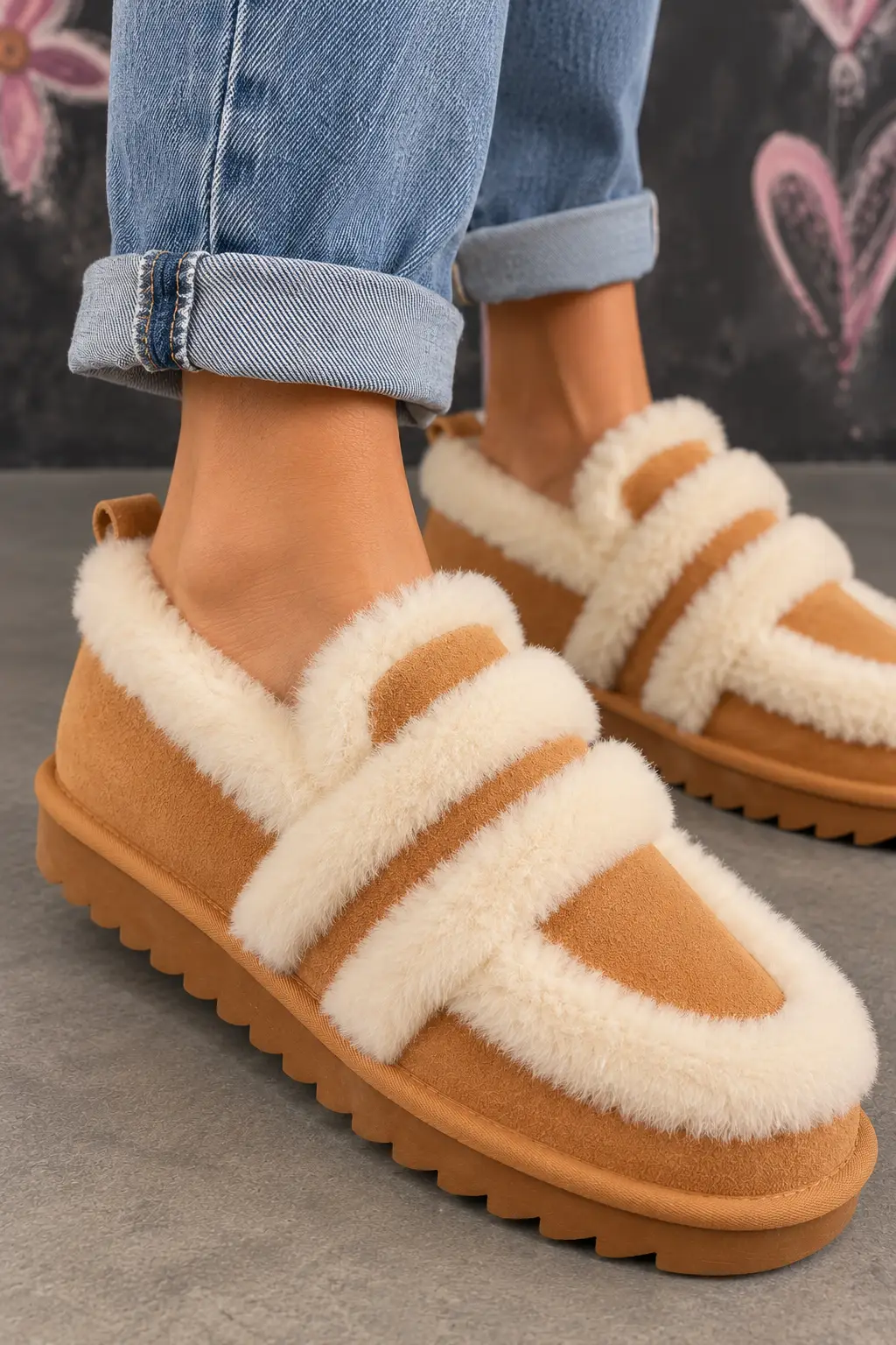 Cozy Shearling Slippers and Cuffed Denim Mocassino Furry Loafer - immagine 1
