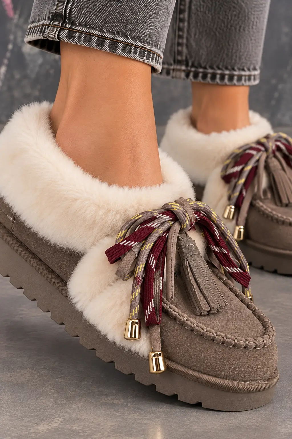 Cozy Taupe Fur-Lined Moccasin Slippers Mocassins en daim taupe doublés en véritable peau de mouton – Image 1