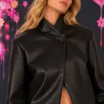 Cropped faux leather jacket with asymmetric collar