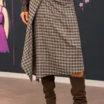 Checked Wrap Midi Skirt with Asymmetric Draping