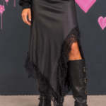 Long satin skirt with black lace