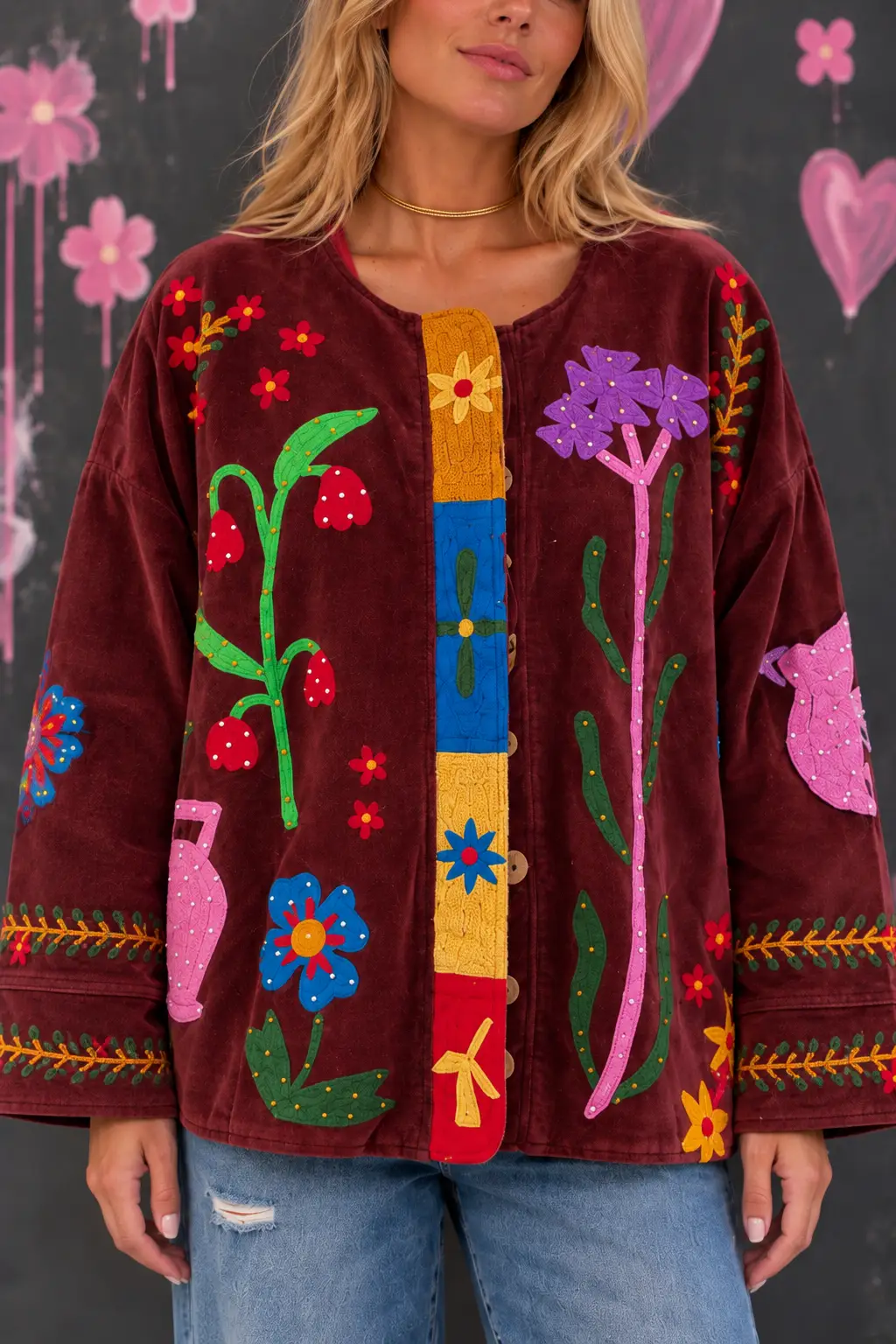 Embroidered Burgundy Jacket Portrait-2 Giacca in Velluto Bordeaux con Ricami Multicolor - immagine 1