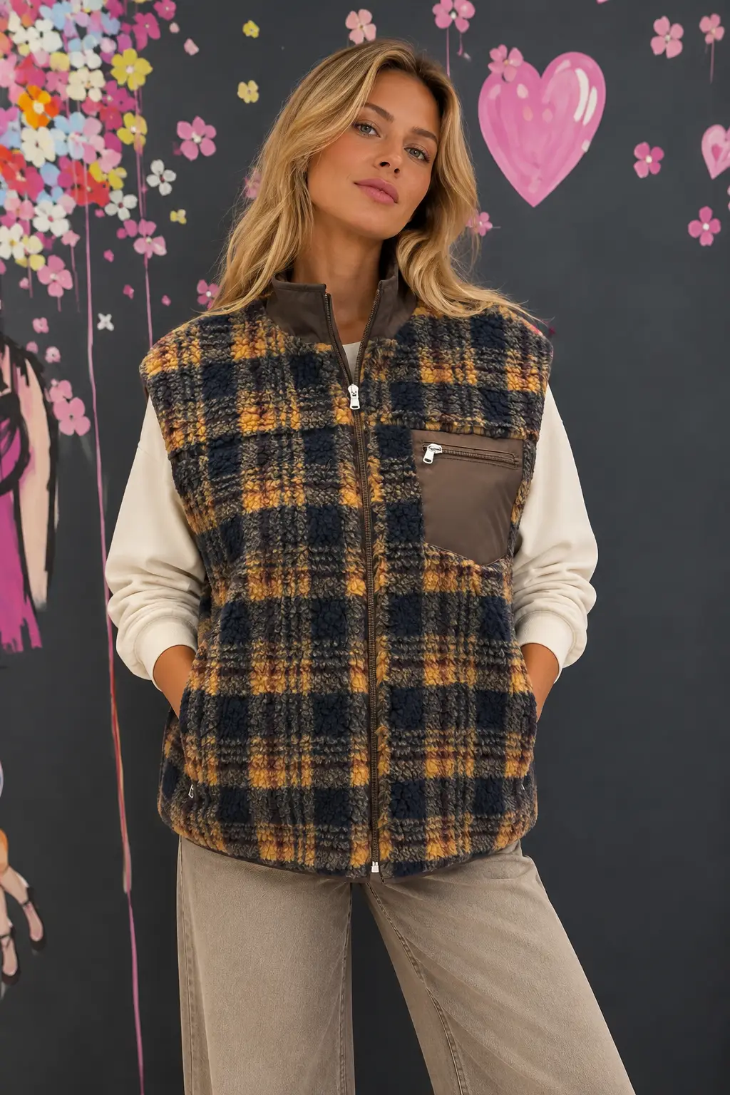 Fashion Portrait in a Floral Mural Setting Gilet Teddy Check - immagine 1