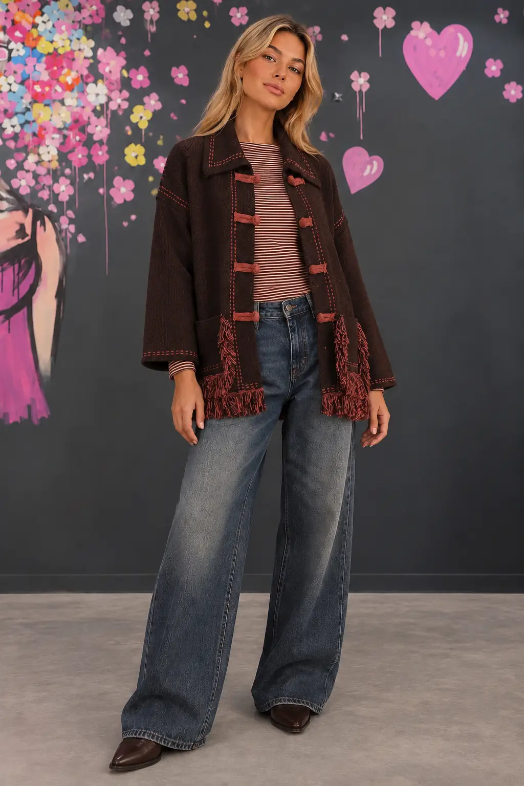 Fringed Cardigan Against Floral Mural Strickjacke mit Fransen und Knebelverschlüssen – Bild 1
