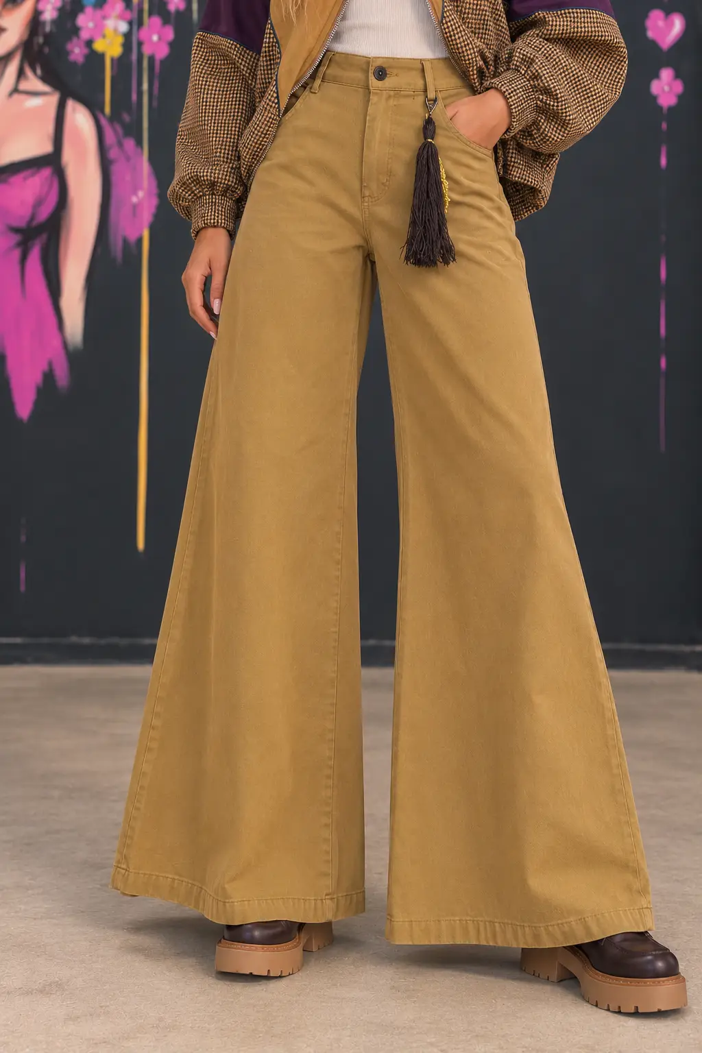 Mustard Wide-Leg Pants Against Graffiti Mural Camel wide-leg trousers with decorative tassel - Image 1