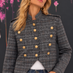 Cropped double-breasted Prince of Wales check jacket with gold buttons