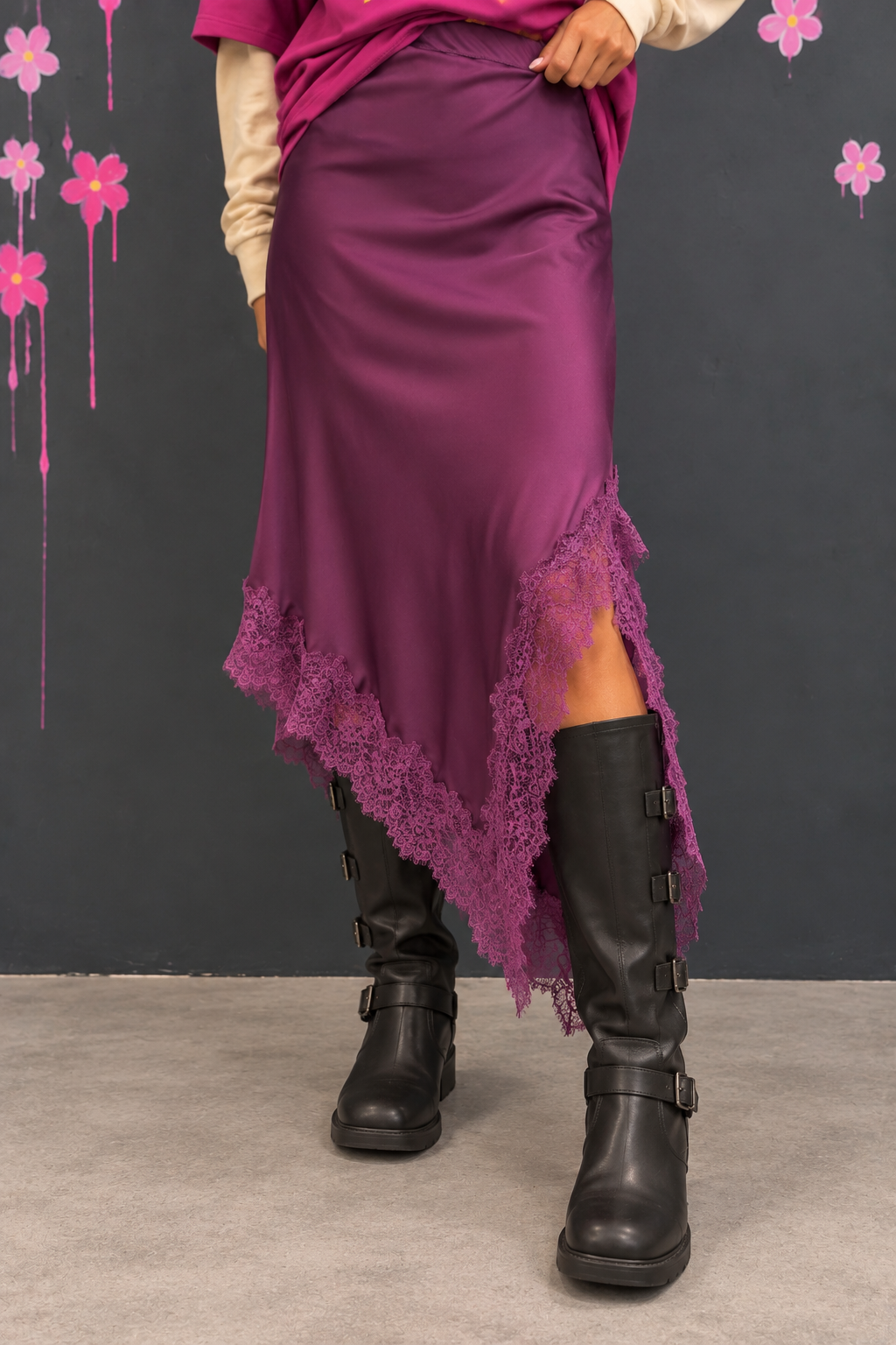 Plum Satin Skirt and Graffiti Boots Satin skirt with lace - Image 1
