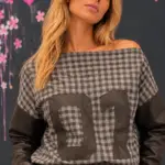 Checked Top with Faux Leather Sleeves and Number Appliqué
