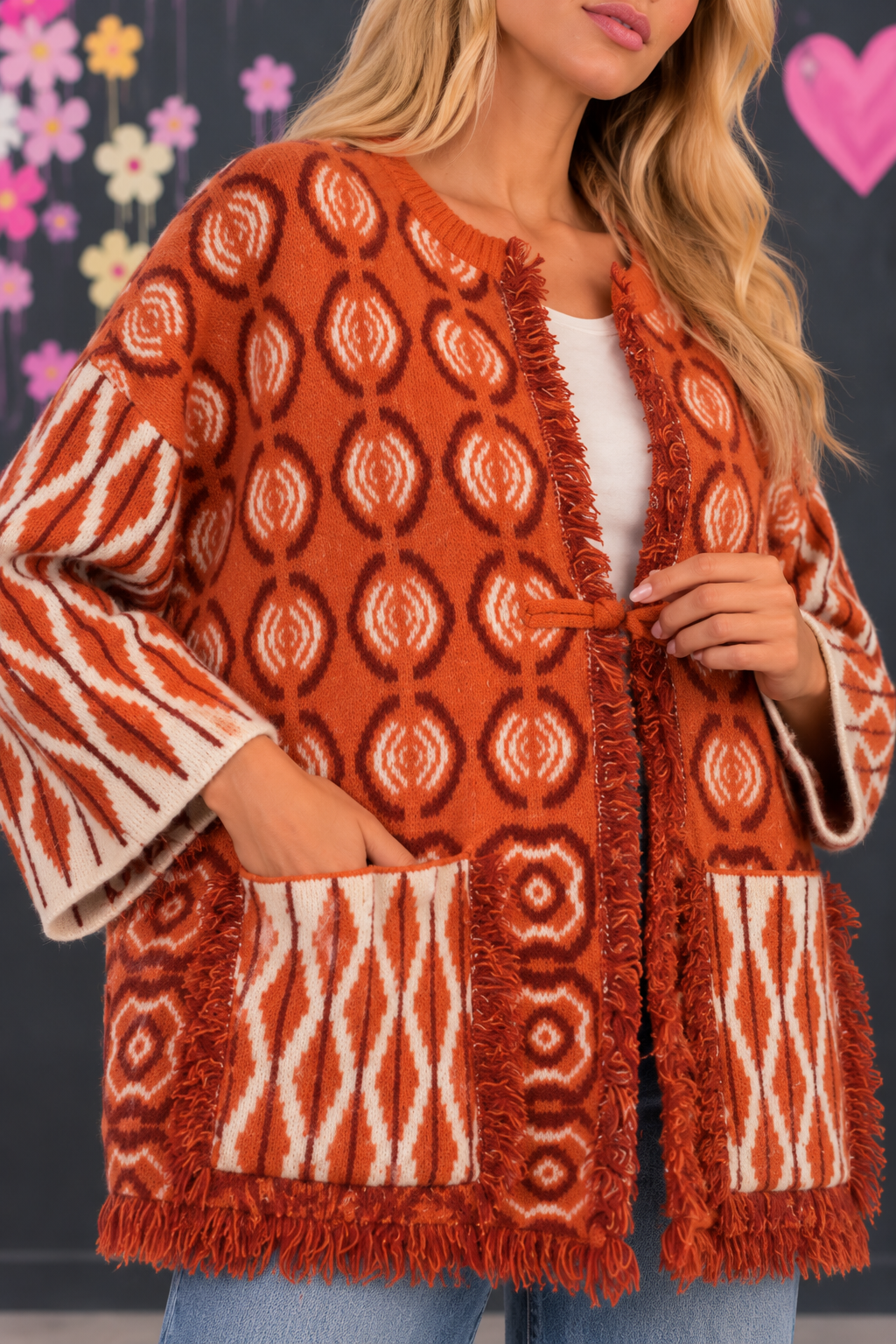 Rustic Orange Fringe Cardigan Portrait Geometric jacquard cardigan with fringes - Image 1