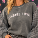 Vintage Love Sweatshirt with Checked Sleeves and Tulle